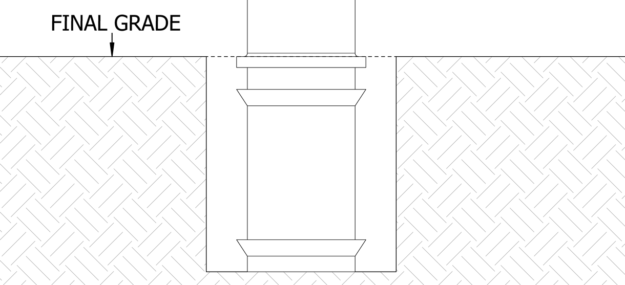 Diagram showing the bollard in the designated location with a predetermined portion of the bollard sitting below the finished grade