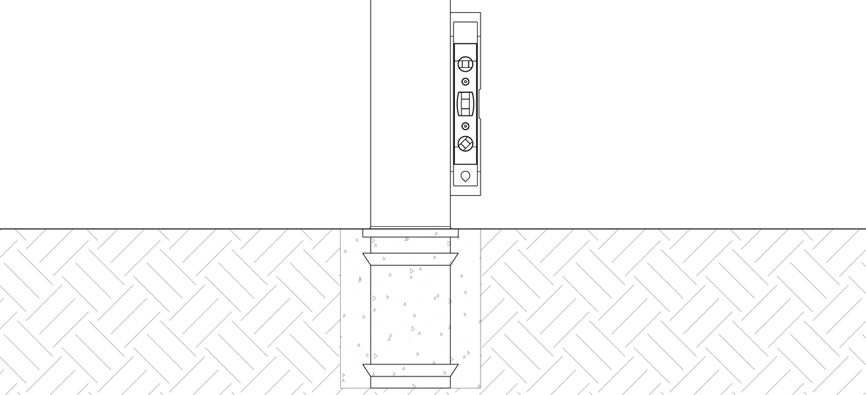 Diagram showing bollard in new concrete with a level against the side