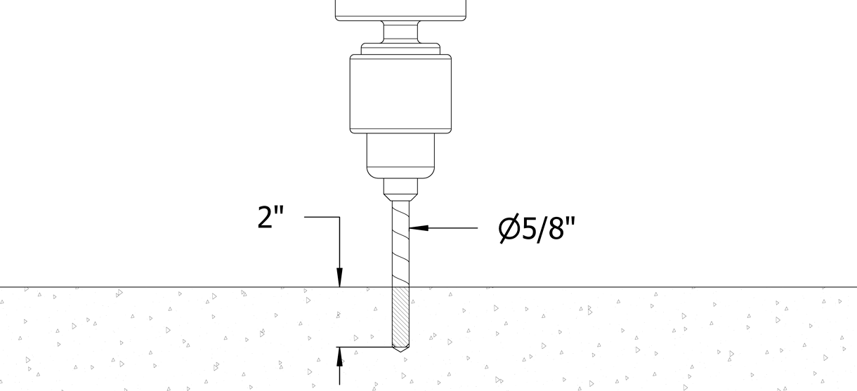 Diagram showing the drill digging into the cement with depth control at 2 inches and 5/8 inch diameter