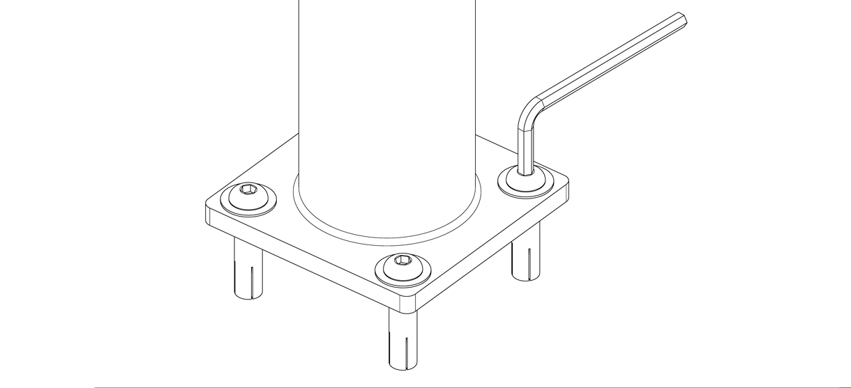 Diagram showing a hex key tightening the bolts on the bollard base