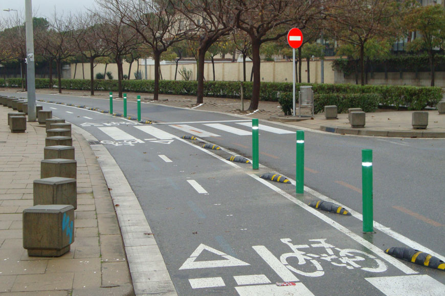 A line of substantial green flex posts protect a bike lane