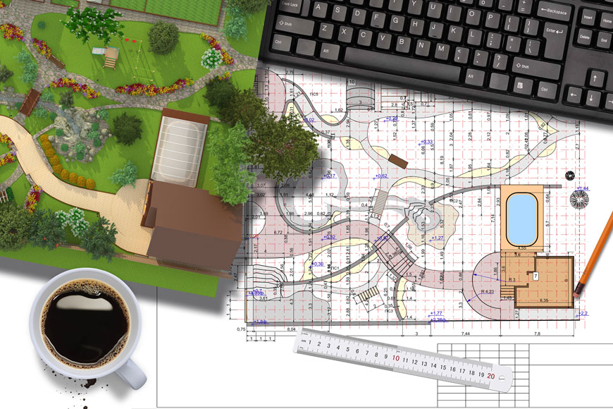 An image of a landscape architect’s workspace with coffee and computer
