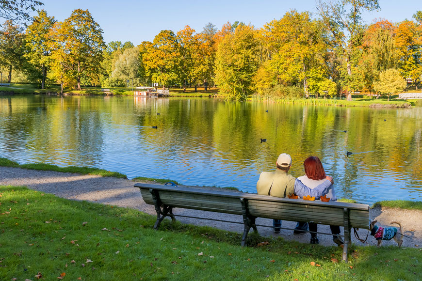 A couple lean together on a park bench overlooking a lake, their dog leashed beside them