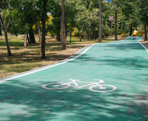 A beautiful parkland cycletrack rolls through a wooded area