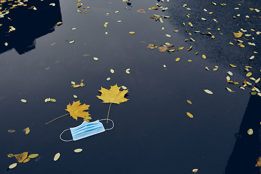 A lone paper disposable mask floats in a puddle beside fallen leaves