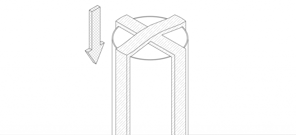 Diagram showing compressible foam strips applied to the top of the pipe bollard in a crisscross formation