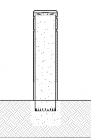 Diagram showing a plastic bollard cover fixed onto a pipe bollard using compressible foam strips