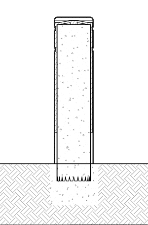 Diagram showing a plastic bollard cover fixed onto a pipe bollard using compressible foam strips