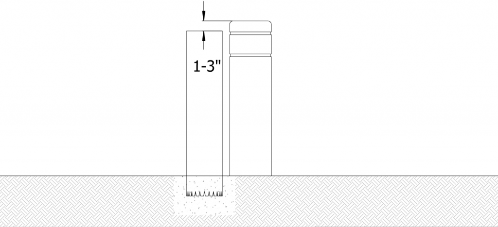 Diagram showing that the bollard cover is 1 to 3 inches higher than the pipe bollard