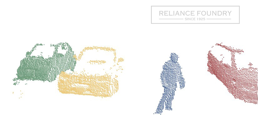 A lidar image of a man surrounded by three cars watermarked reliance foundry