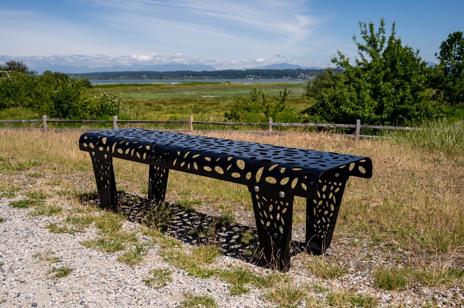 A black-painted R-5504 Austin aluminum bench sitting inside a park