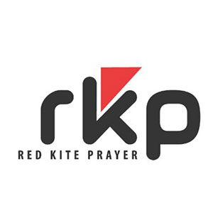 A red triangle representing a flag wedges in the top of the letter k in a logo made of letters rkp