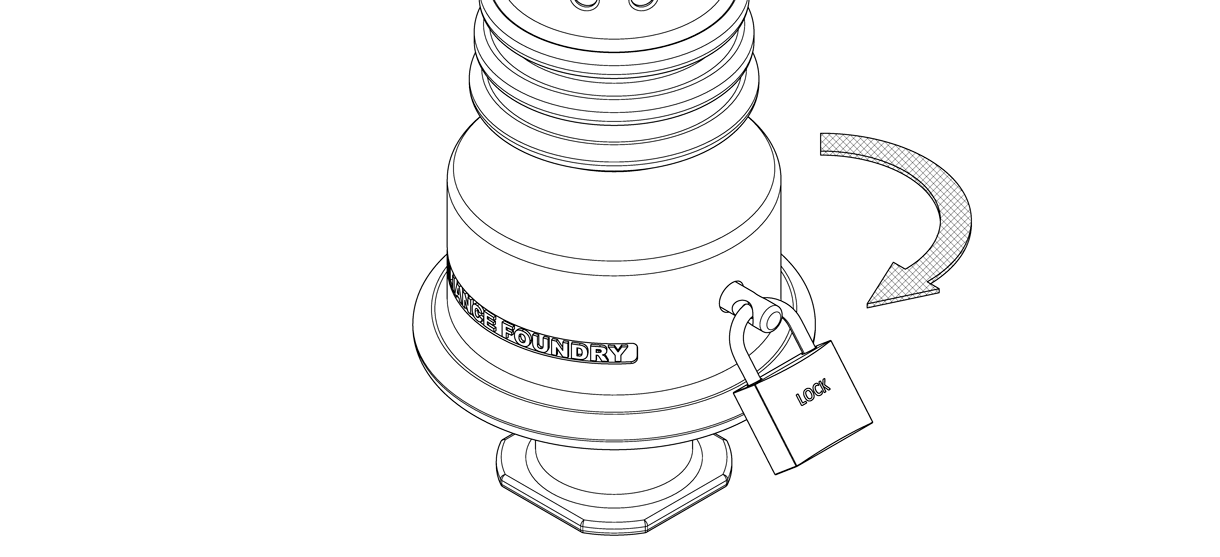 Diagram showing the lock pin through the holes of the bollard base and bollard twisted clockwise