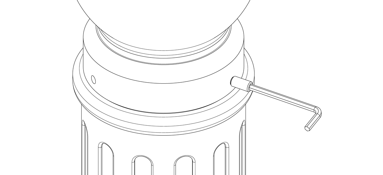 Diagram showing the bollard cover cap aligned to the base with three set screws and tightened with hex key