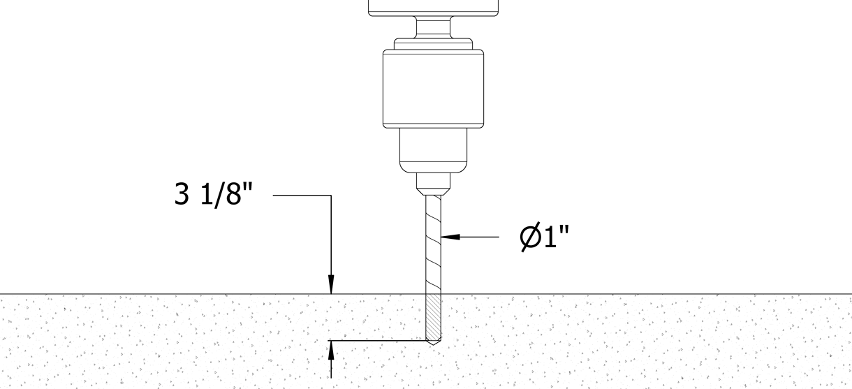 Diagram showing a drill digging a hole with a depth of 3-1/8 inches and diameter of 1 inch