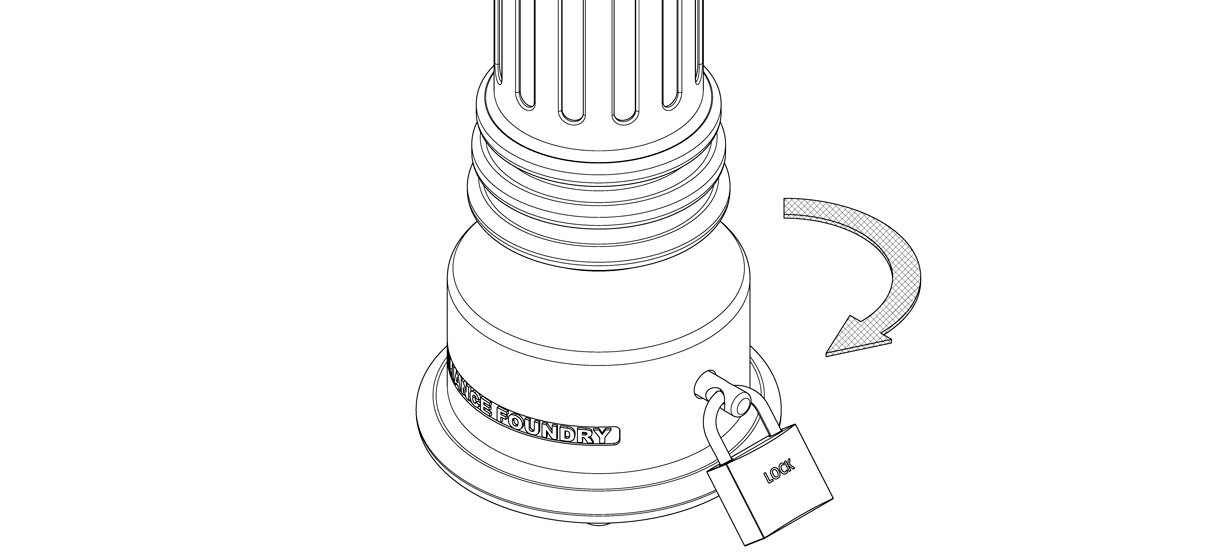 Diagram showing a pin through the holes of the bollard base and twisted in a clockwise motion to lock into place and secured with a padlock