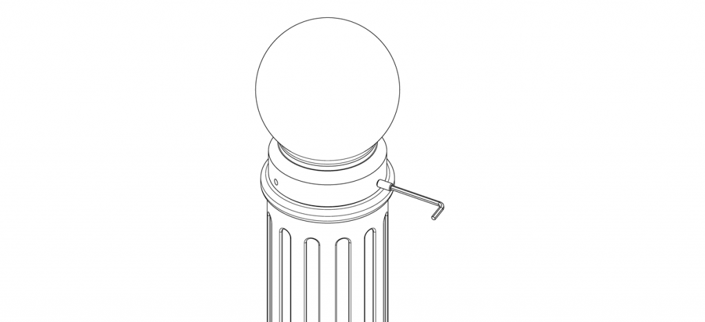 Diagram showing the bollard cover cap aligned to the base with three set screws and tightened with hex key