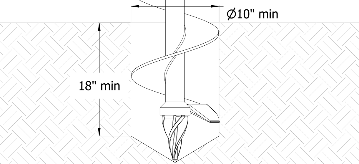Diagram showing an auger digging to a depth of 18" and a diameter of 10 inches