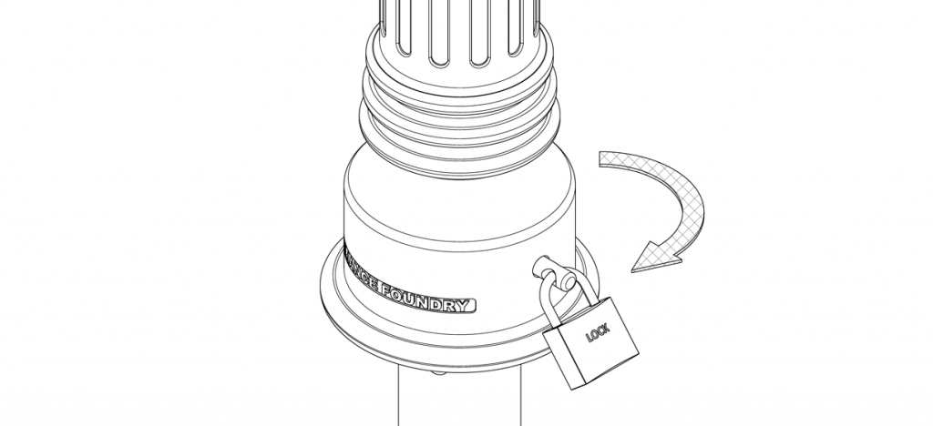 Diagram showing the lock pin through the bollard base and secured with a padlock