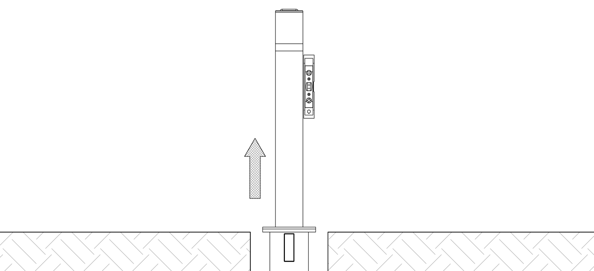 Diagram showing the bollard extended from the bollard assembly with a level against the side