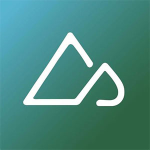 A green square logo shows the outline of mountains with a single track bike trail