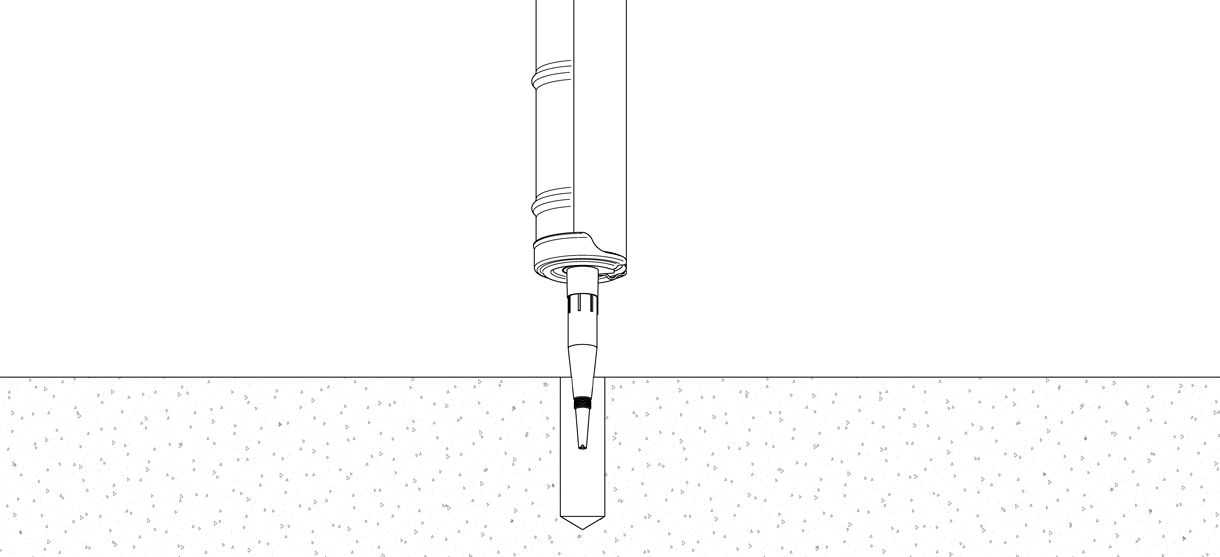 Diagram showing the caulking gun dispensing adhesive until the hole is one-quarter full