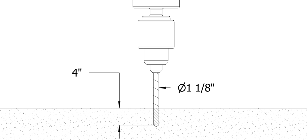 Diagram showing a drill making a hole that has a 1-1/8 inch diameter and 4 inch depth