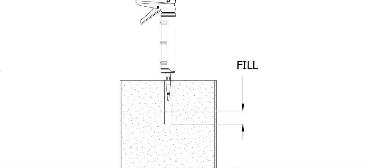Diagram showing the caulking gun dispensing adhesive into the hole