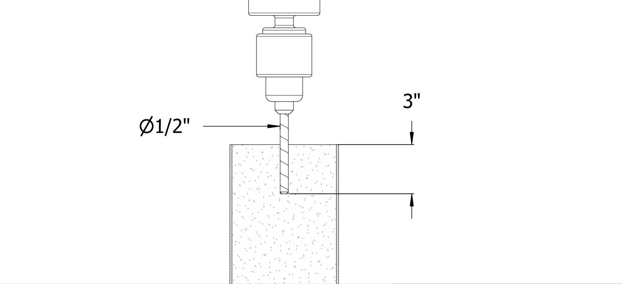 Diagram showing a drill that is drilling a hole with a 1/2 inch diameter and 3 inch depth