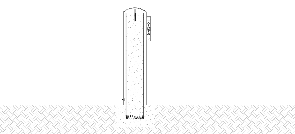 Diagram showing the top hanger part of the bollard cover being pushed into the hole and a level on the side of the bollard cover