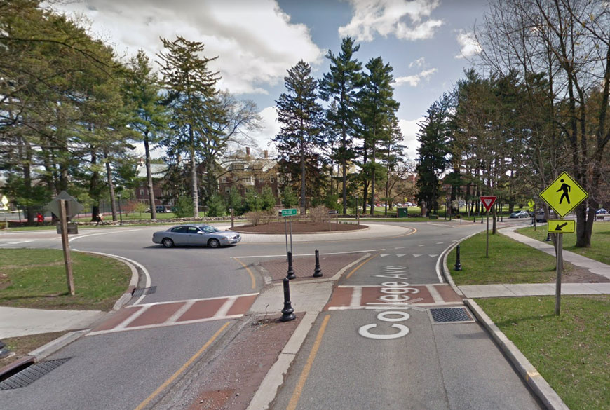 A car drives through a roundabout in Poughkeepsie.
