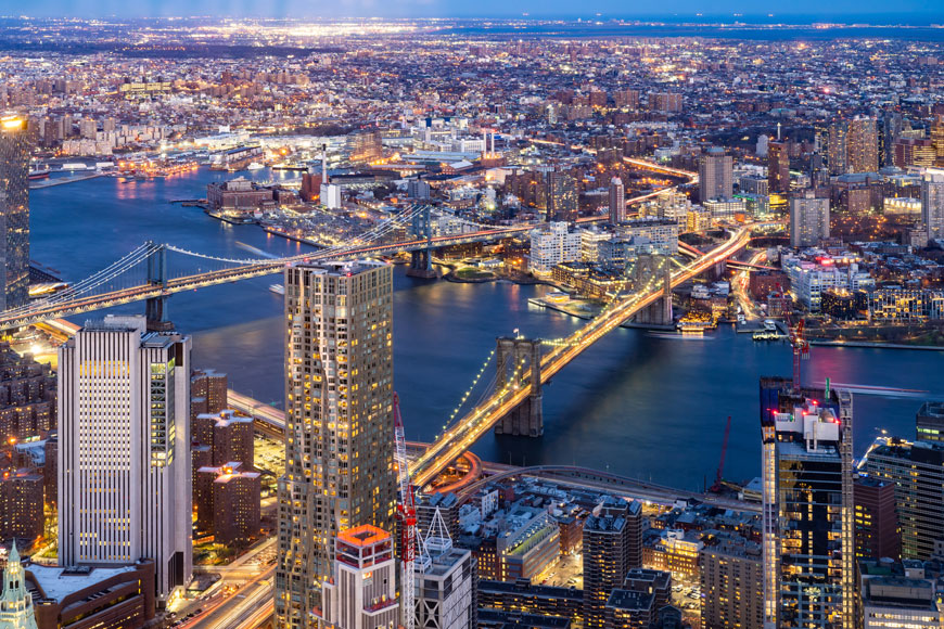 An aerial shot of the Brooklyn and Manhattan bridges
