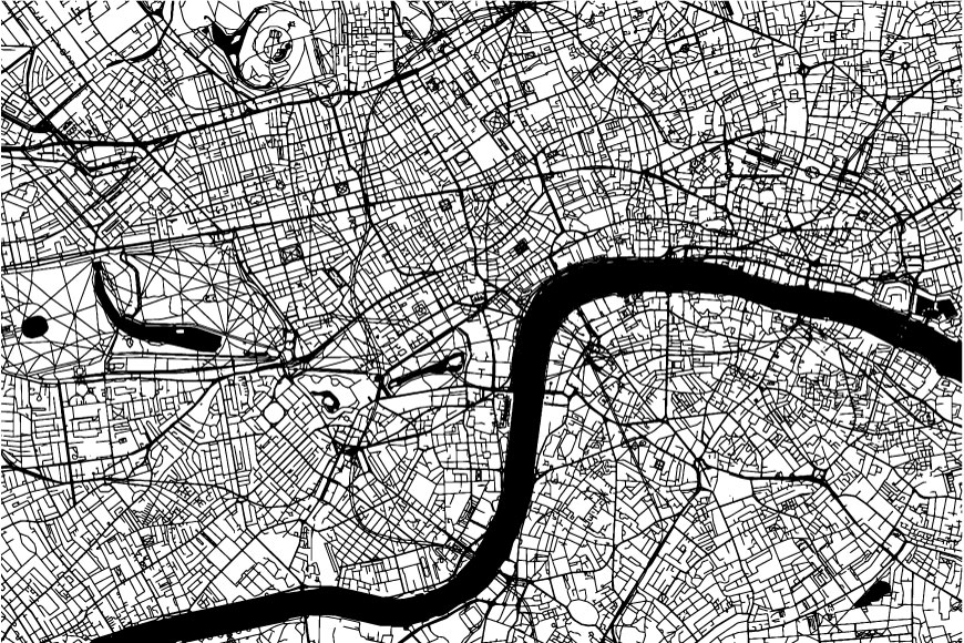 A black and white map of London England shows the Thames and a warren of roads