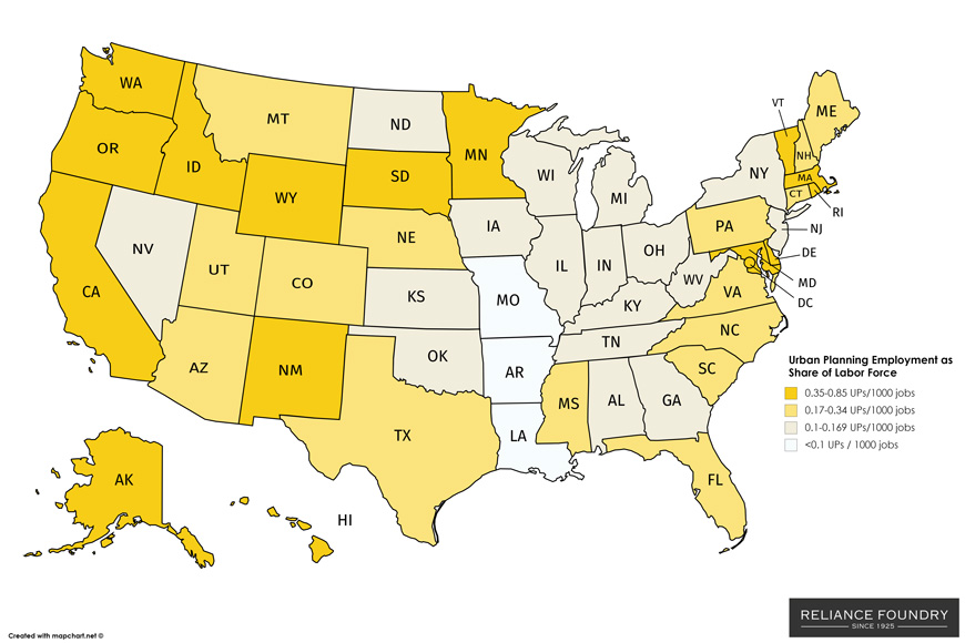 Map of US showing the most urban planners per 1000 workers in WA, OR, CA, ID, AK, HI, WY, SD, MN, MD, DC, MY, RI, and VT