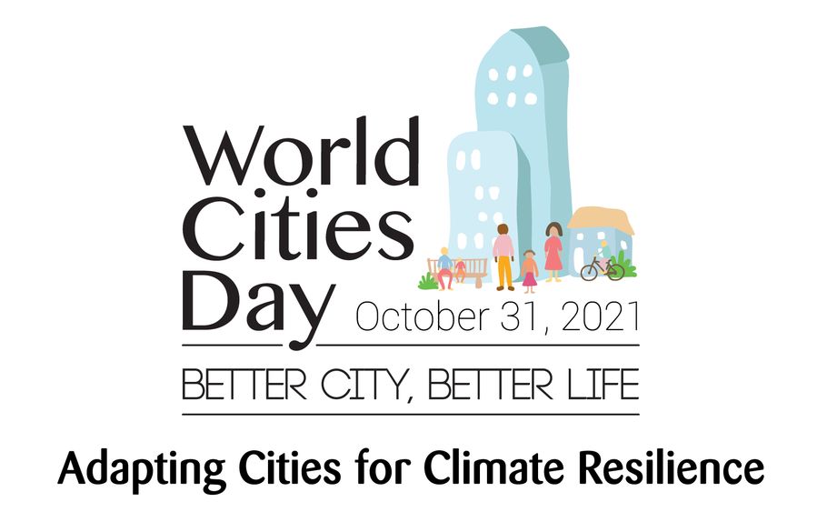 The World Cities Day logo featuring a watercolor with a mixture of buildings and people